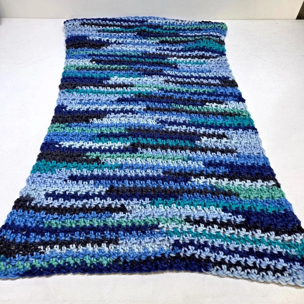 Crochet Throw Blanket OS Blue Multi Striped Handmade Chunky Grandmacore Boho